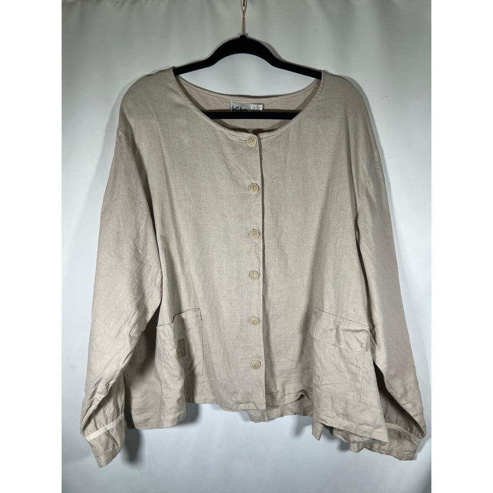 Kiko Woman 100% Linen Button Up Top Oatmeal Beige Turtle Patch 1X